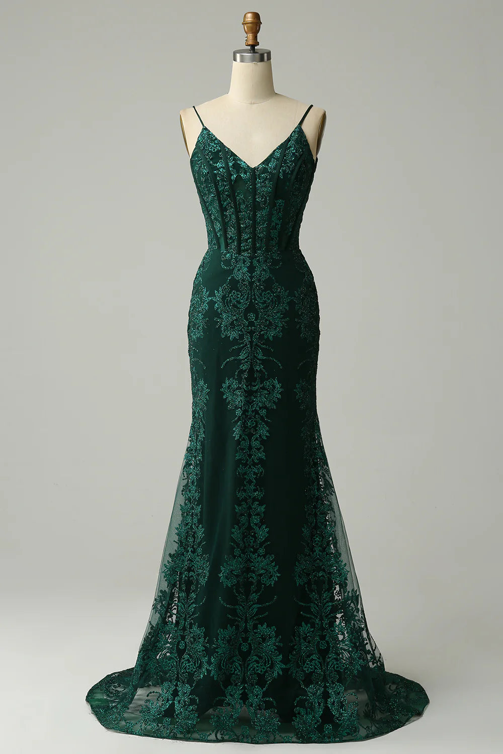 Sparkly Peacock Green Mermaid Spaghetti Straps Prom Dress With Appliques