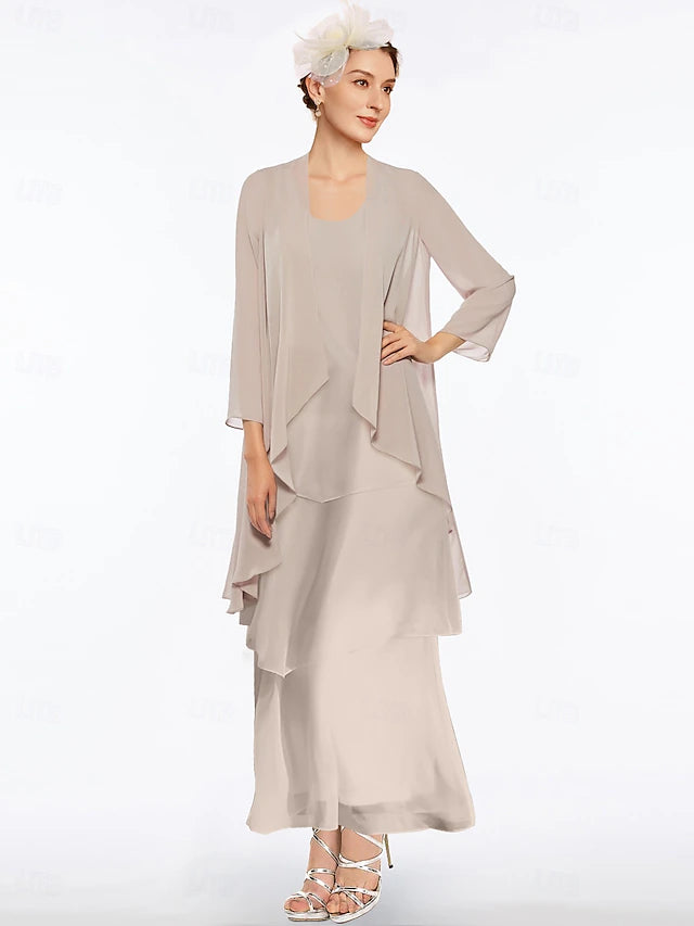 Beach Wedding Sheath Mother of the Bride Dress Elegant Simple V Neck Ankle Length Chiffon Sleeveless with Tier Solid Color