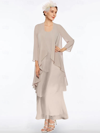 Beach Wedding Sheath Mother of the Bride Dress Elegant Simple V Neck Ankle Length Chiffon Sleeveless with Tier Solid Color