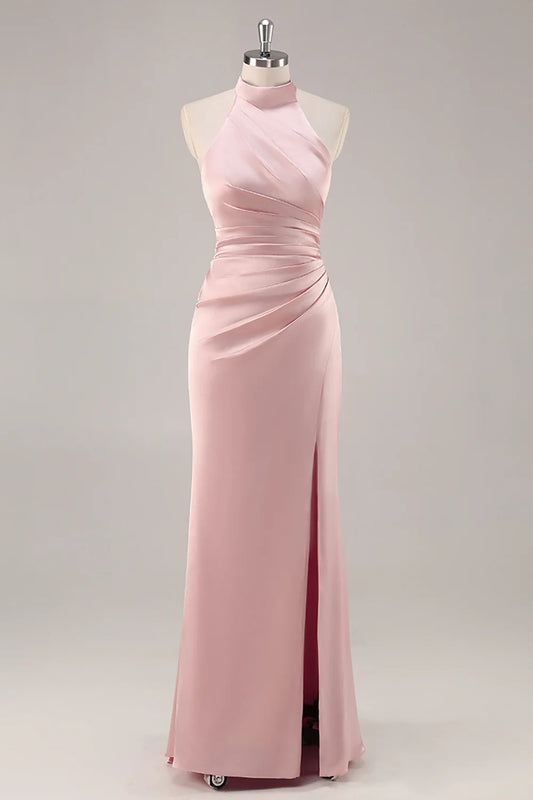 Blush Satin Mermaid Halter Ruched Long Bridesmaid Dress with Slit