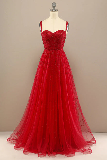 Red Sweetheart Tulle Prom Dress With Beading