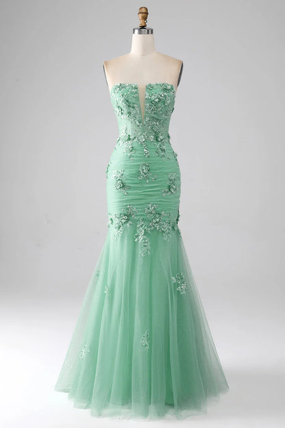 Green Mermaid Strapless Tulle Long Prom Dress With Appliques