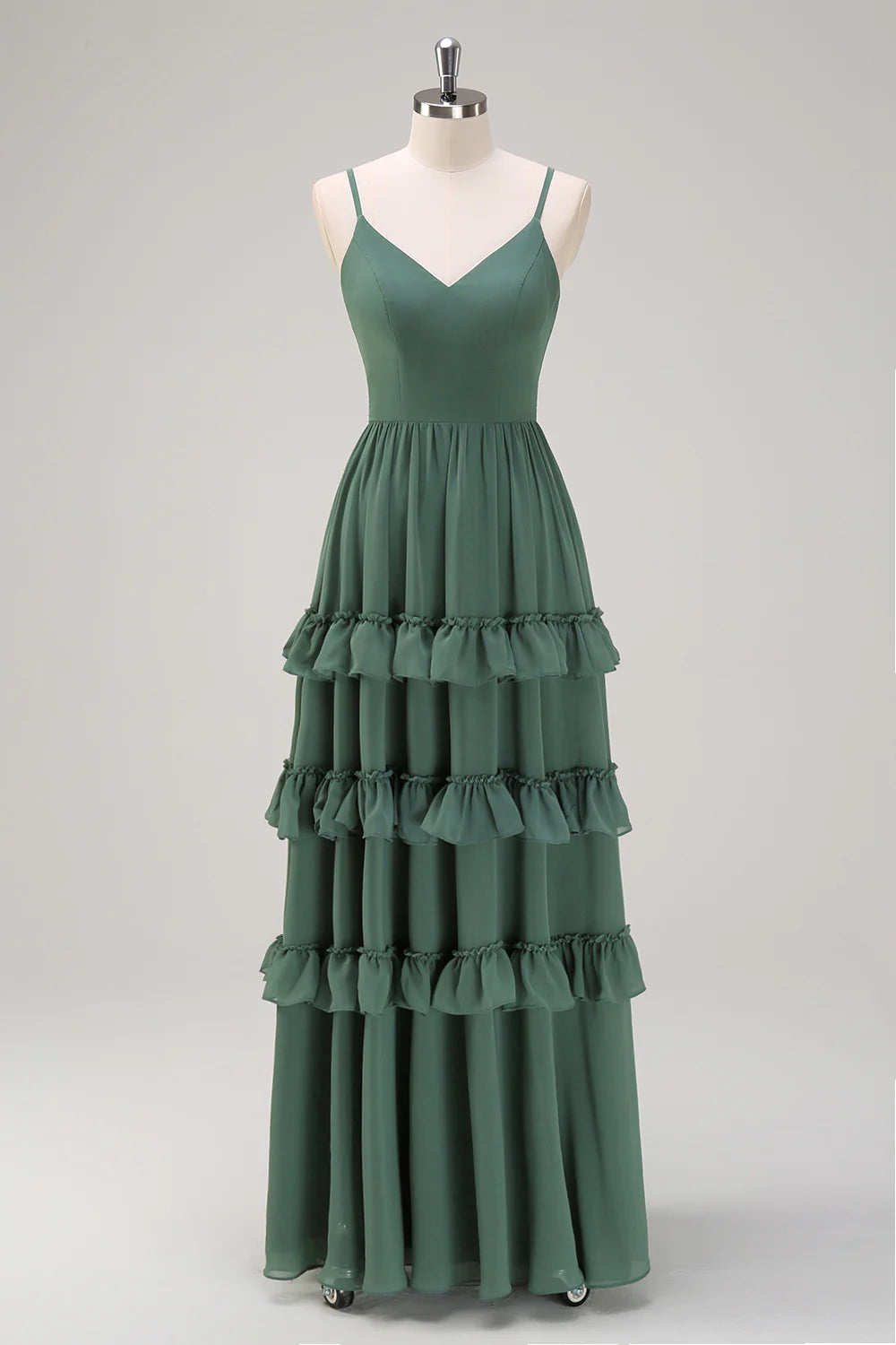 Eucalyptus Ruffled Spaghetti Straps Long Bridesmaid Dress