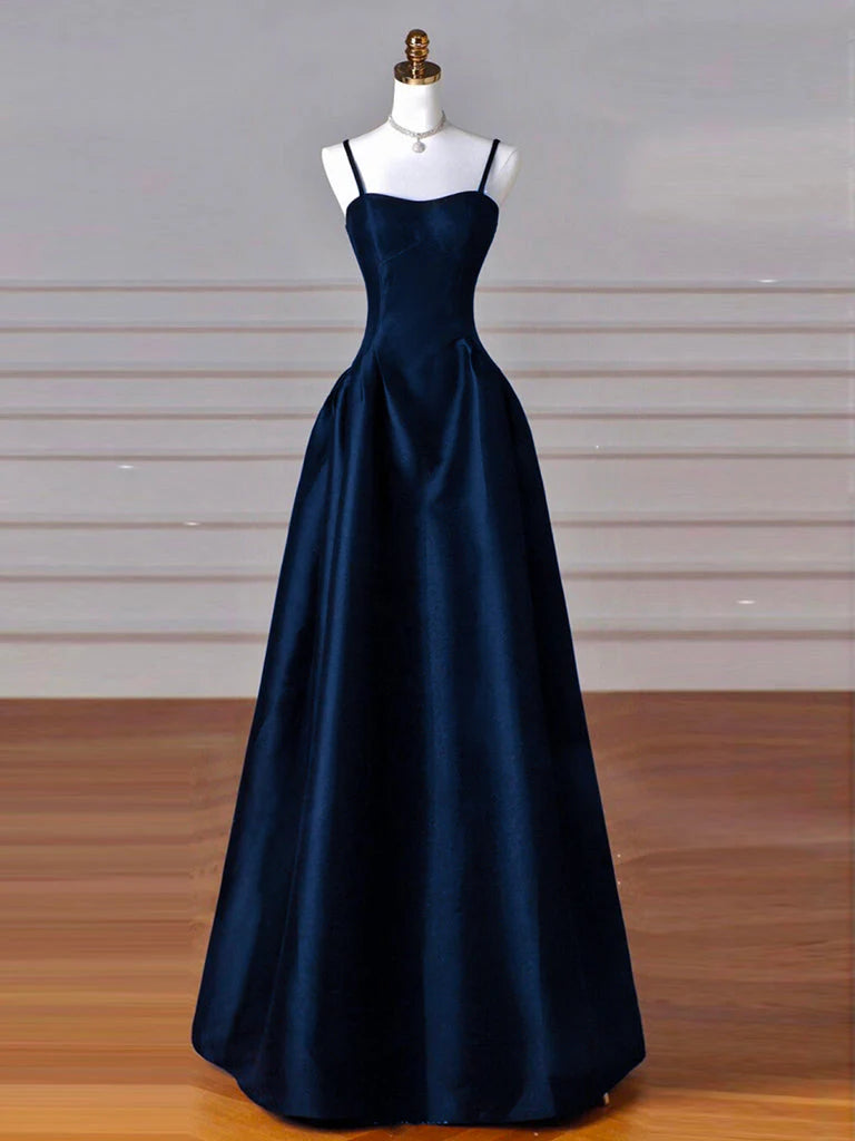 Simple A-Line Dark Blue Satin Long Prom Dress