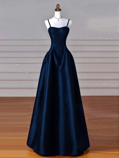 Simple A-Line Dark Blue Satin Long Prom Dress