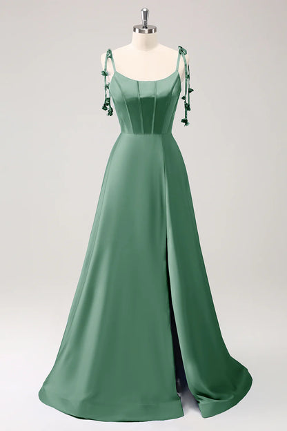 Eucalyptus A Line Spaghetti Straps Satin Floor Length Dress With Slit