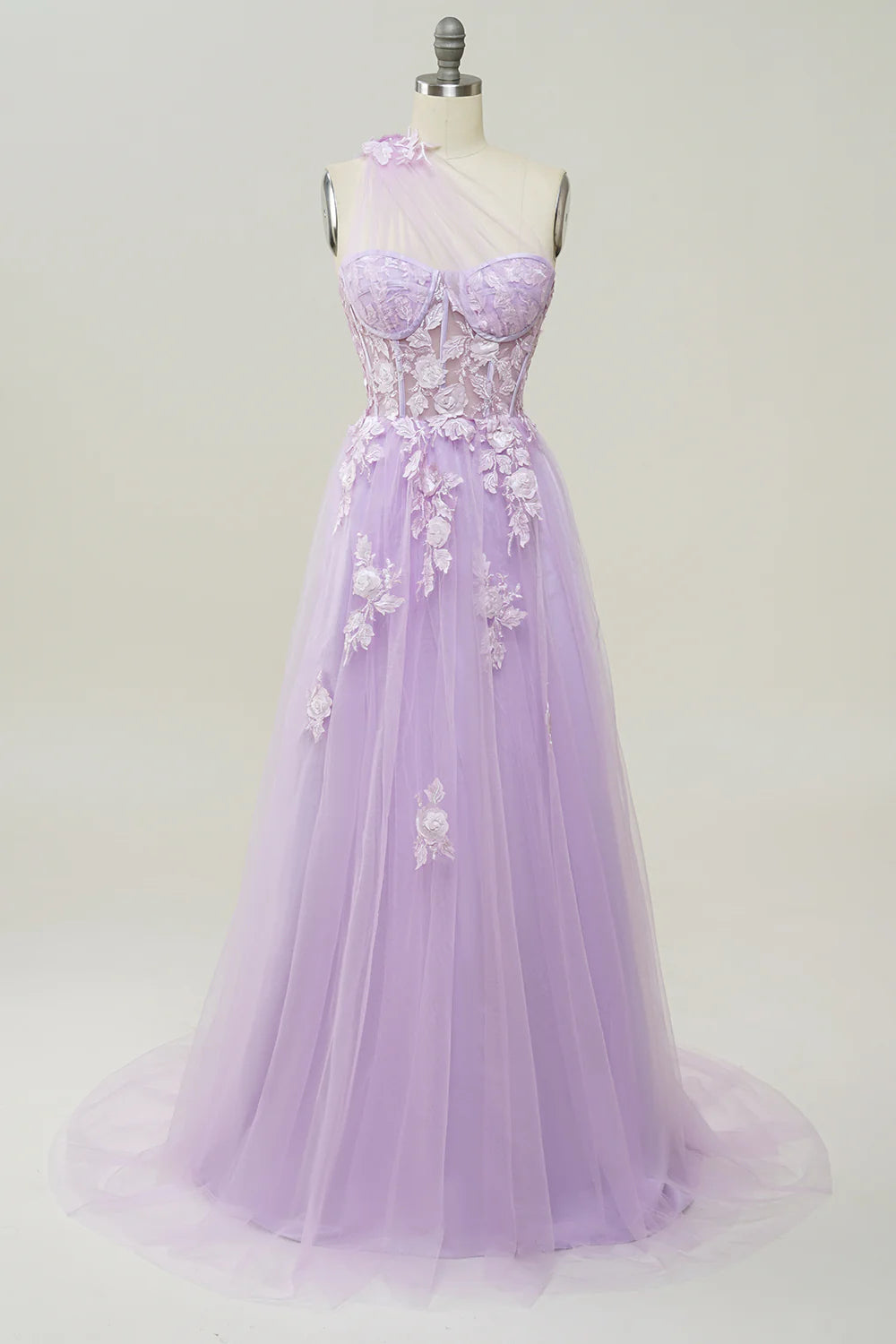 A Line One Shoulder Purple Long Prom Dress With Appliques