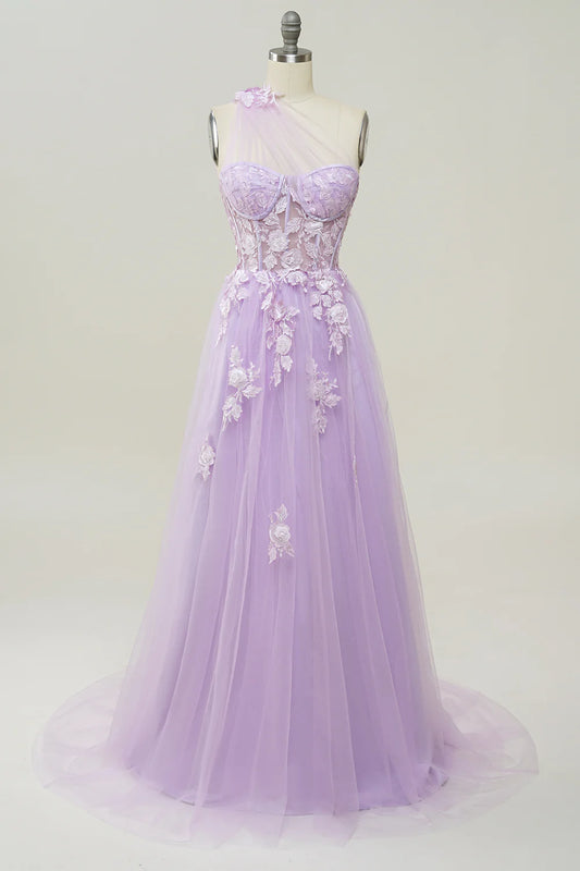 A Line One Shoulder Purple Long Prom Dress With Appliques