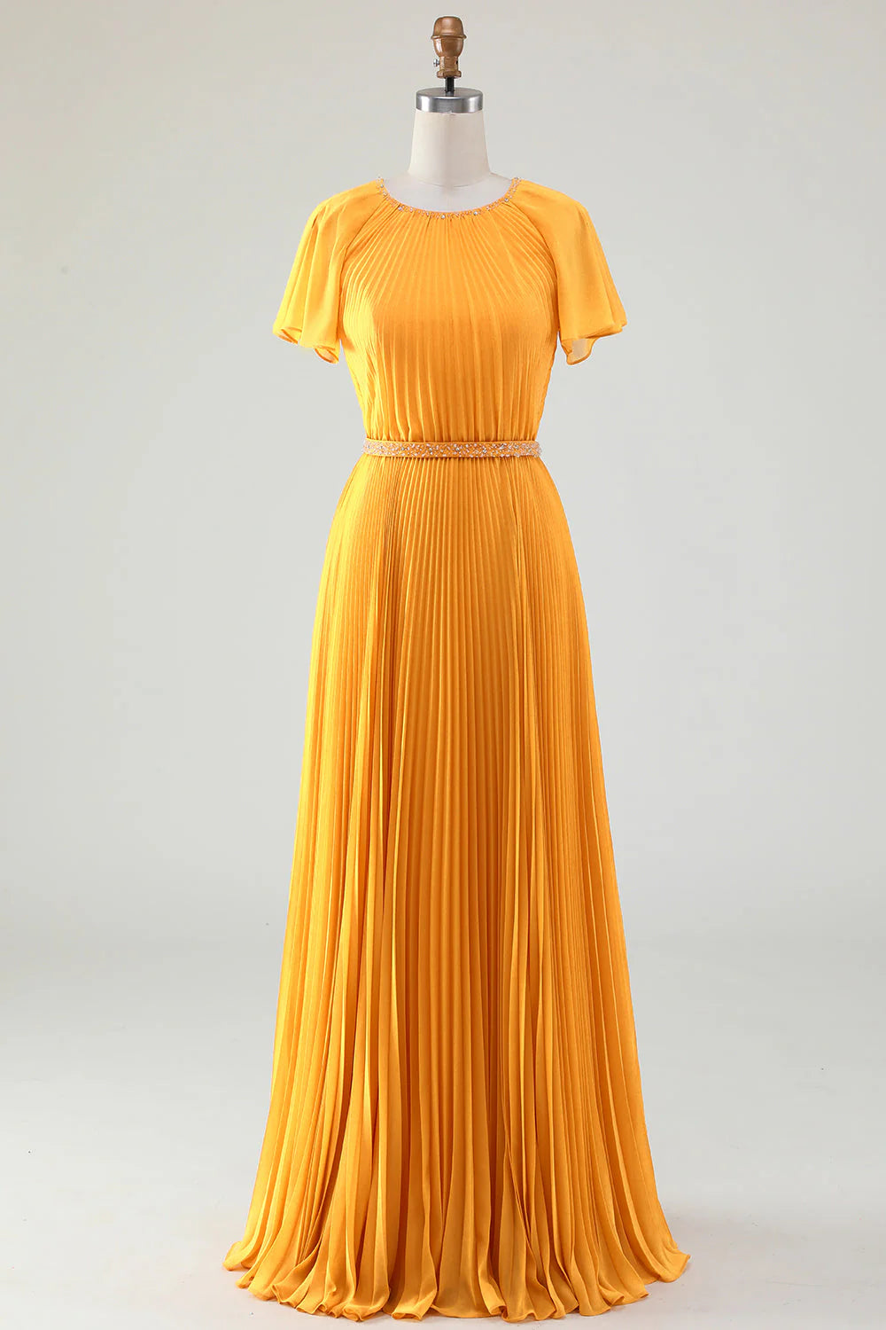 A-Line Round Neck Pleated Yellow Mother Of Bride Dress With Short Sleeves