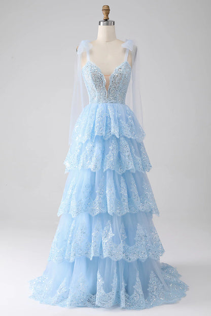 Light Blue Sweetheart Bow Tie Straps Tiered Tulle Sequin Prom Dress With Appliques