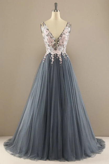 Gorgeous Deep V Neck Grey/Pink Prom Dress With Appliques