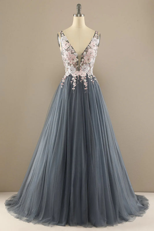 Gorgeous Deep V Neck Grey/Pink Prom Dress With Appliques