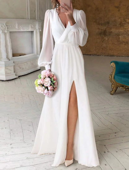 Reception Little White Dresses Simple Wedding Dresses A-Line V Neck Long Sleeve Floor Length Chiffon Bridal Gowns With Ruched