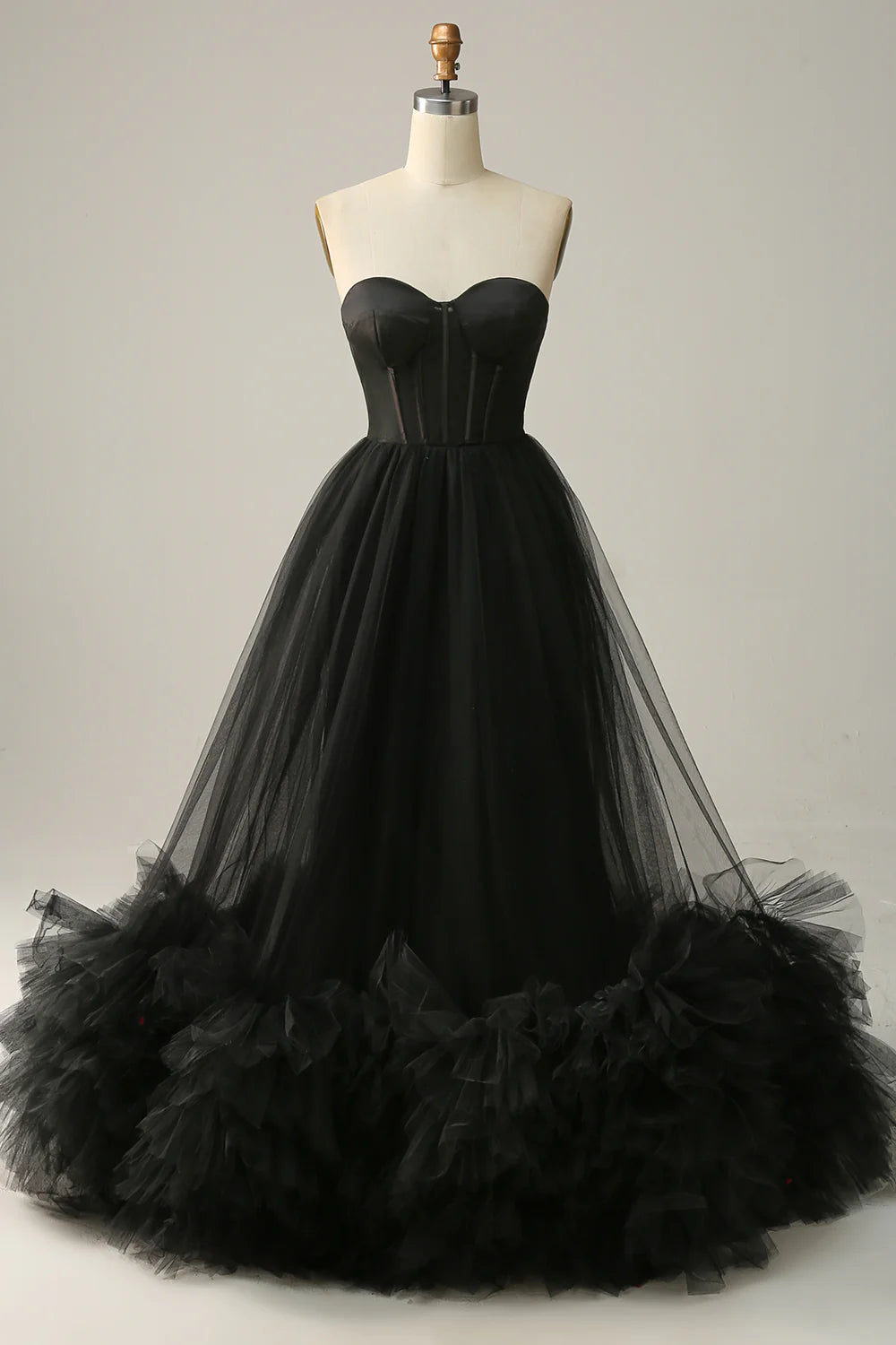 Black Corset Sweetheart Long Prom Dress With Ruffles