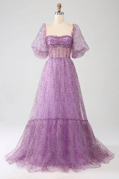 A-Line Square Neck Purple Corset Prom Dress With Half Sleeves