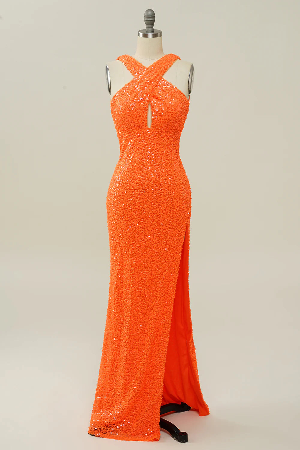 Sequins Orange Cross Neck Prom Dress