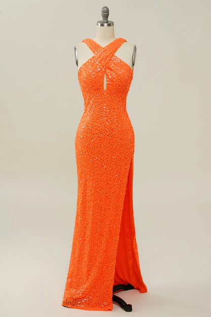 Sequins Orange Cross Neck Prom Dress