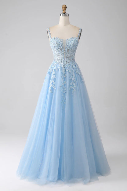 A-Line Light Blue Corset Prom Dress With Appliques