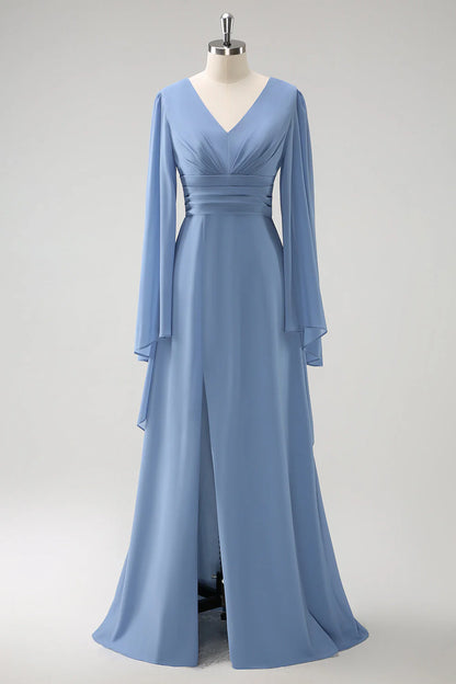 Grey Blue A Line Long Sleeves Chiffon Bridesmaid Dress With Slit