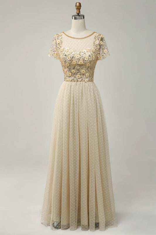 A Line Flower Beaded Apricot Long Prom Dress