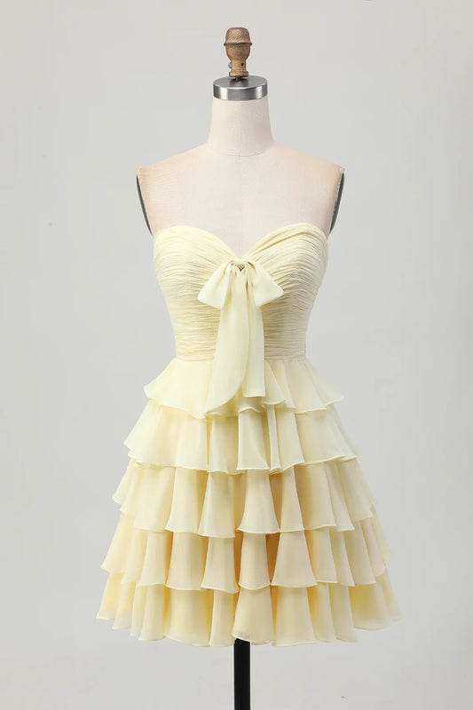 Light Yellow Sweetheart Ruched Ruffled Short Homecoming Dress with Bow