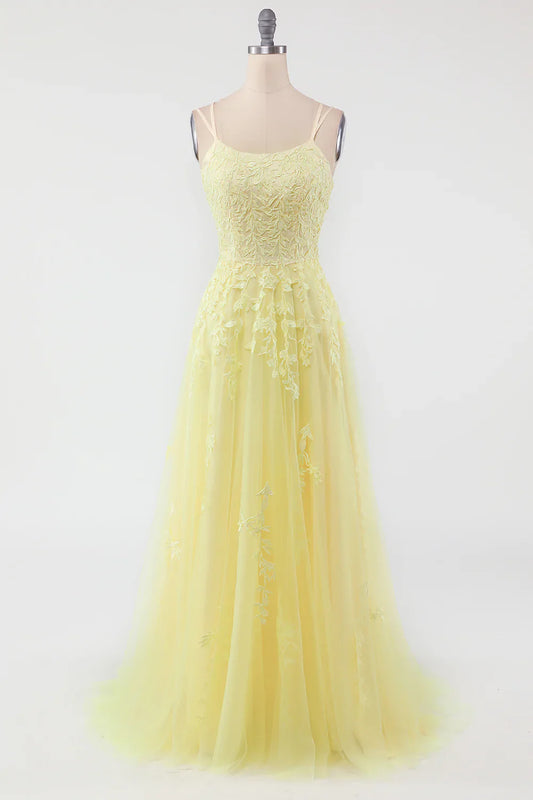 Yellow Spaghetti Straps Prom Dress With Appliques