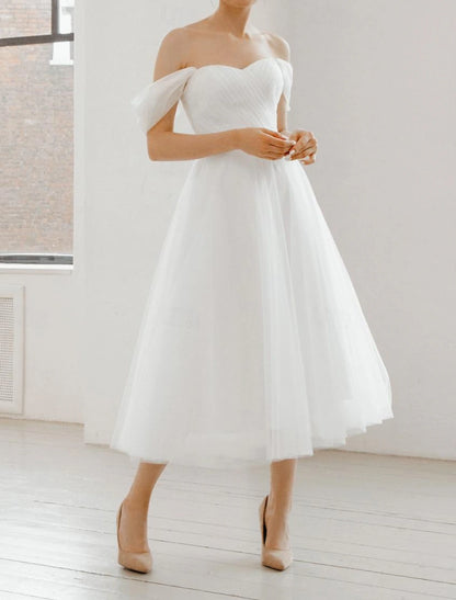 A-Line Little White Dress Wedding Dresses Graduation Dress Off Shoulder Sleeveless Tea Length Chiffon Bridal Gowns With Ruched