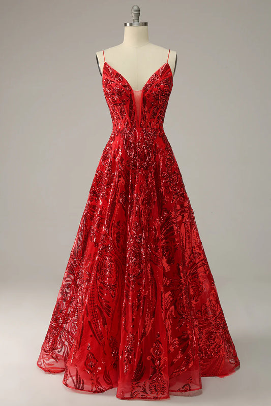 Red Spaghetti Straps Sequin Prom Dress