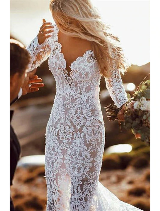 Beach Open Back Boho Wedding Dresses Mermaid V Neck Long Sleeve Court Train Lace Bridal Gowns With Appliques