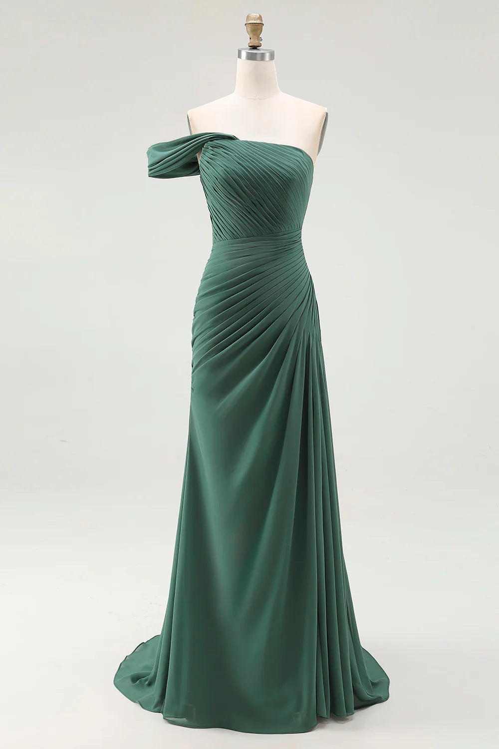 Dark Green Ruched One Shoulder Mermaid Long Formal Dress