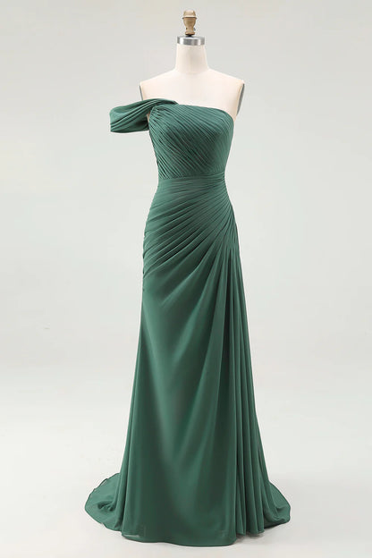Dark Green Ruched One Shoulder Mermaid Long Formal Dress