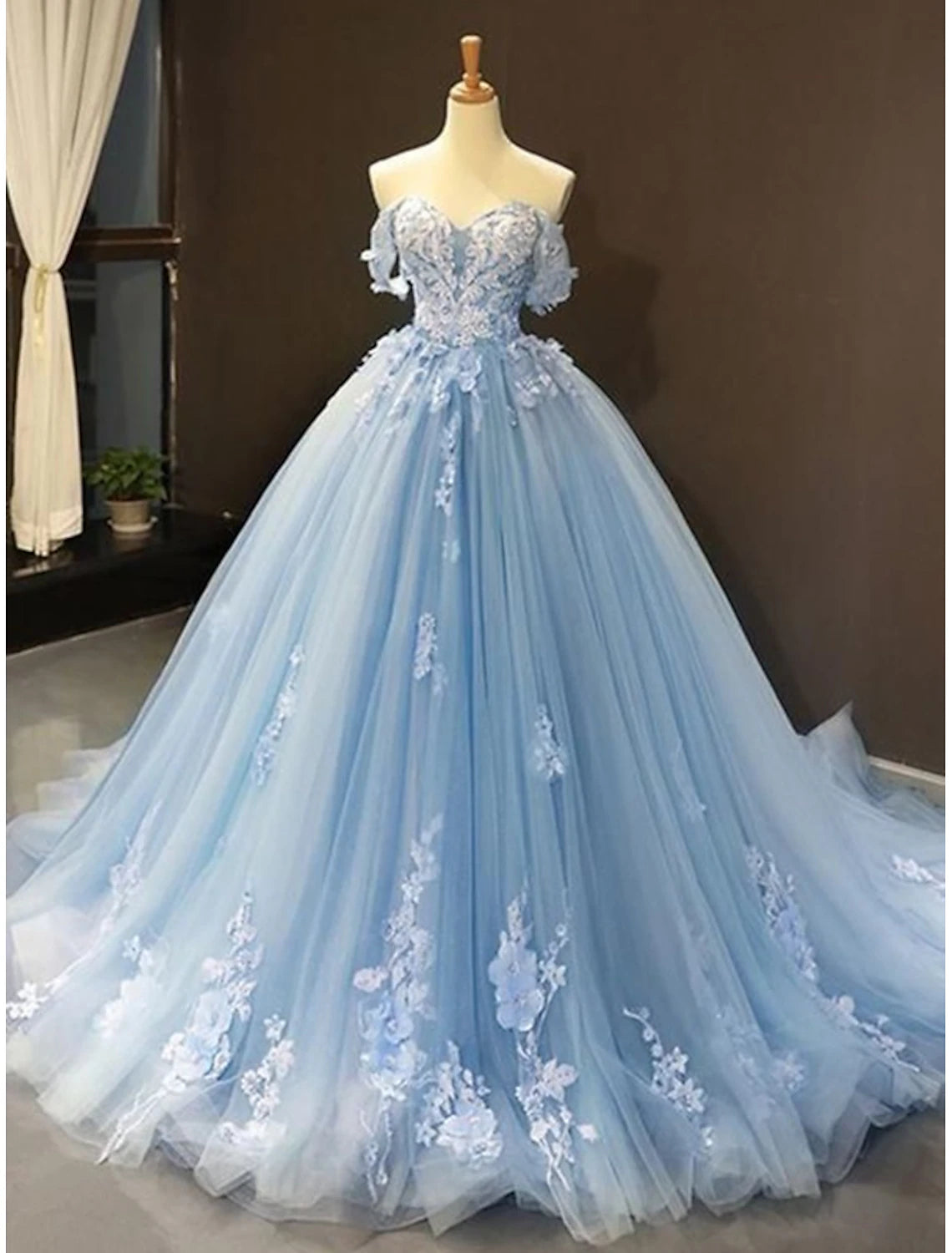 Ball Gown Prom Dresses Floral Dress Wedding Quinceanera Court Train Short Sleeve Sweetheart Lace with Pleats Appliques