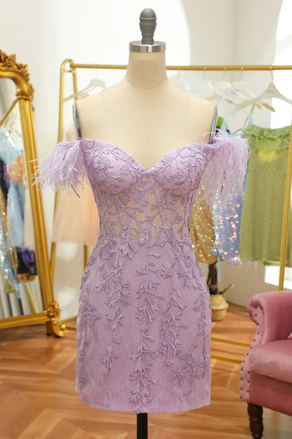 Lavender Off the Shoulder Homecoming Dress with Feathers