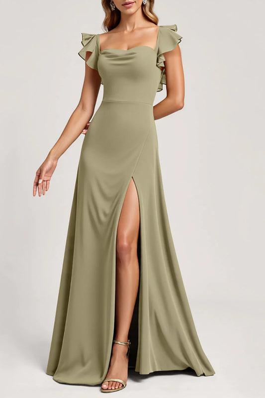 Ruffled A Line Long Square Neck Bridesmaid Dress with Slit