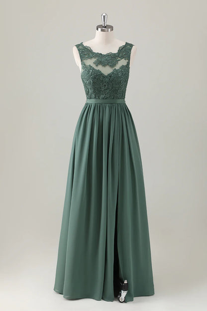 Eucalyptus Halter Lace Long Bridesmaid Dress With Slit