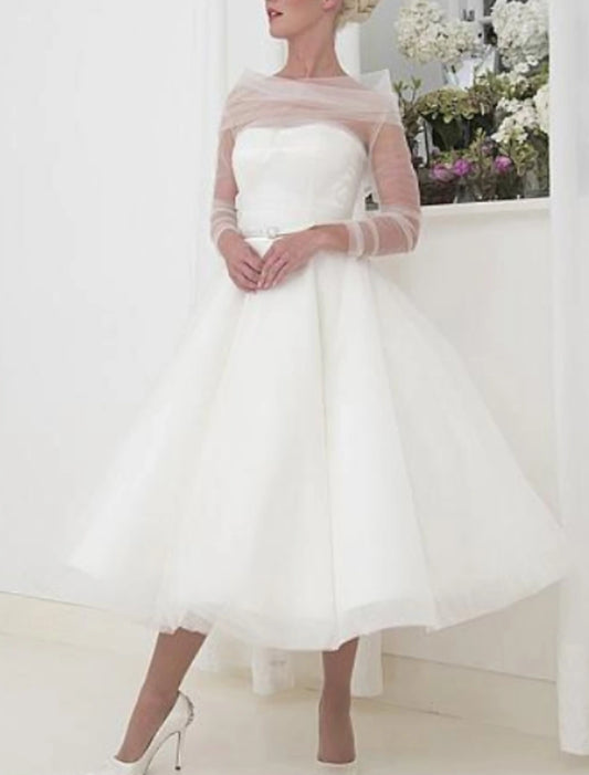 Reception Vintage 1940s / 1950s Little White Dress Bridal Shower Dresses Wedding Dresses A-Line Off Shoulder Long Sleeve Tea Length Tulle Bridal Gowns With Pleats
