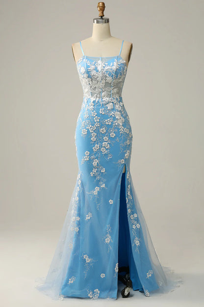 Blue Open Back Mermaid Lace Prom Dress With Slit