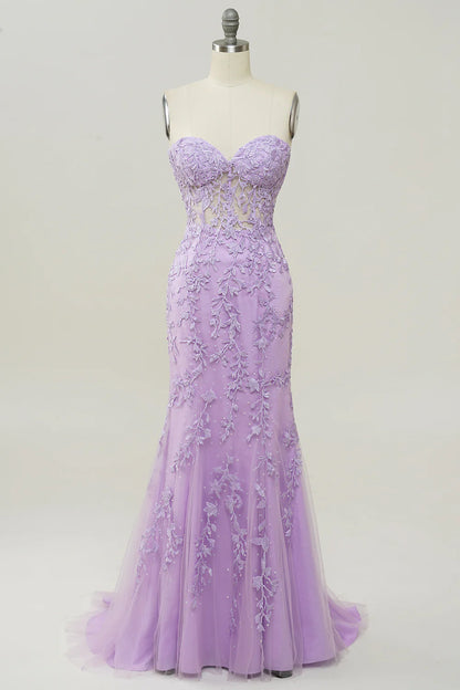 Lilac Strapless Prom Dress With Appliques