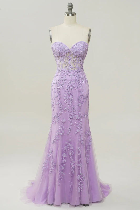 Lilac Strapless Prom Dress With Appliques