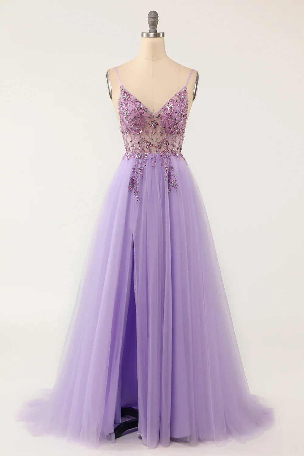 Purple Beaded Tulle Spaghetti Straps Long Prom Dress