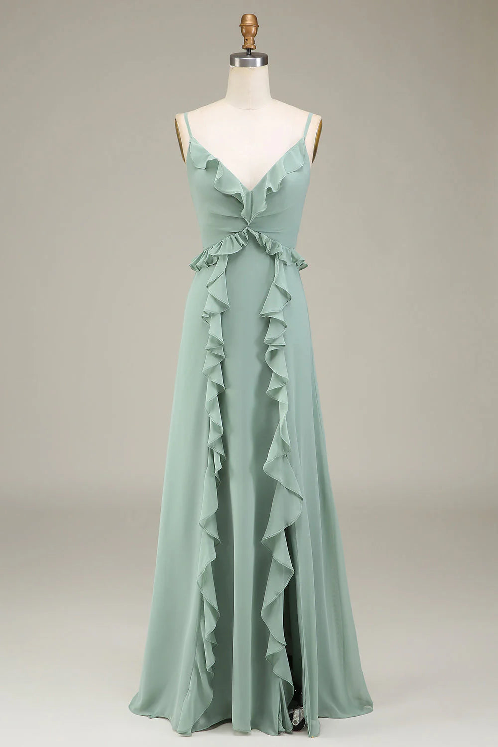 Eucalyptus A-Line V-Neck Chiffon Bridesmaid Dress With Ruffles