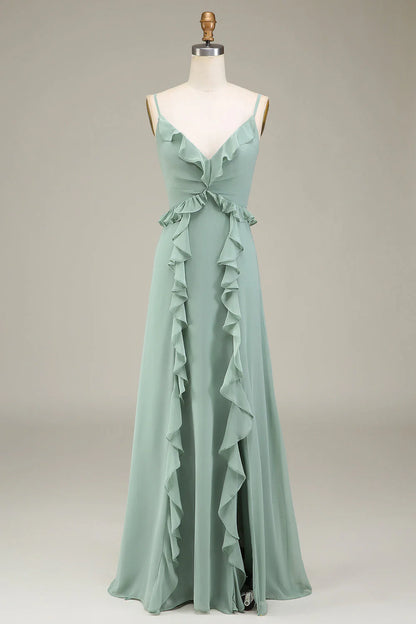 Eucalyptus A-Line V-Neck Chiffon Bridesmaid Dress With Ruffles