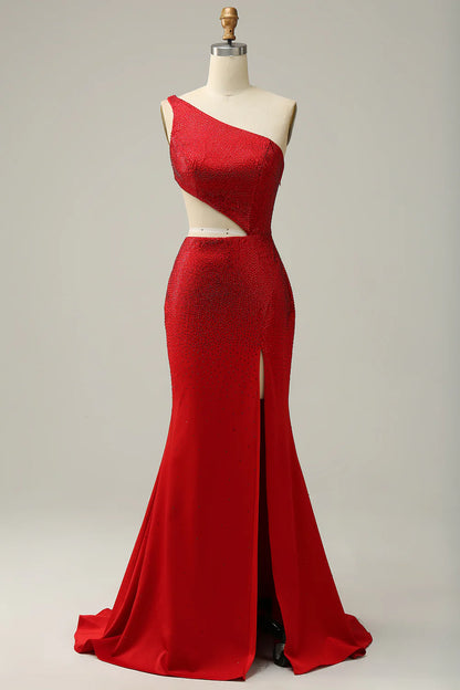 Red One Shoulder Sparkly Sequins Prom Dress With Slit