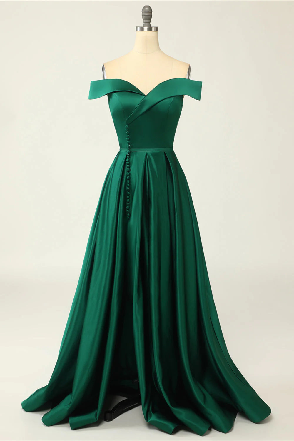 Green Off The Shoulder Satin A-Line Prom Dress With Buttons