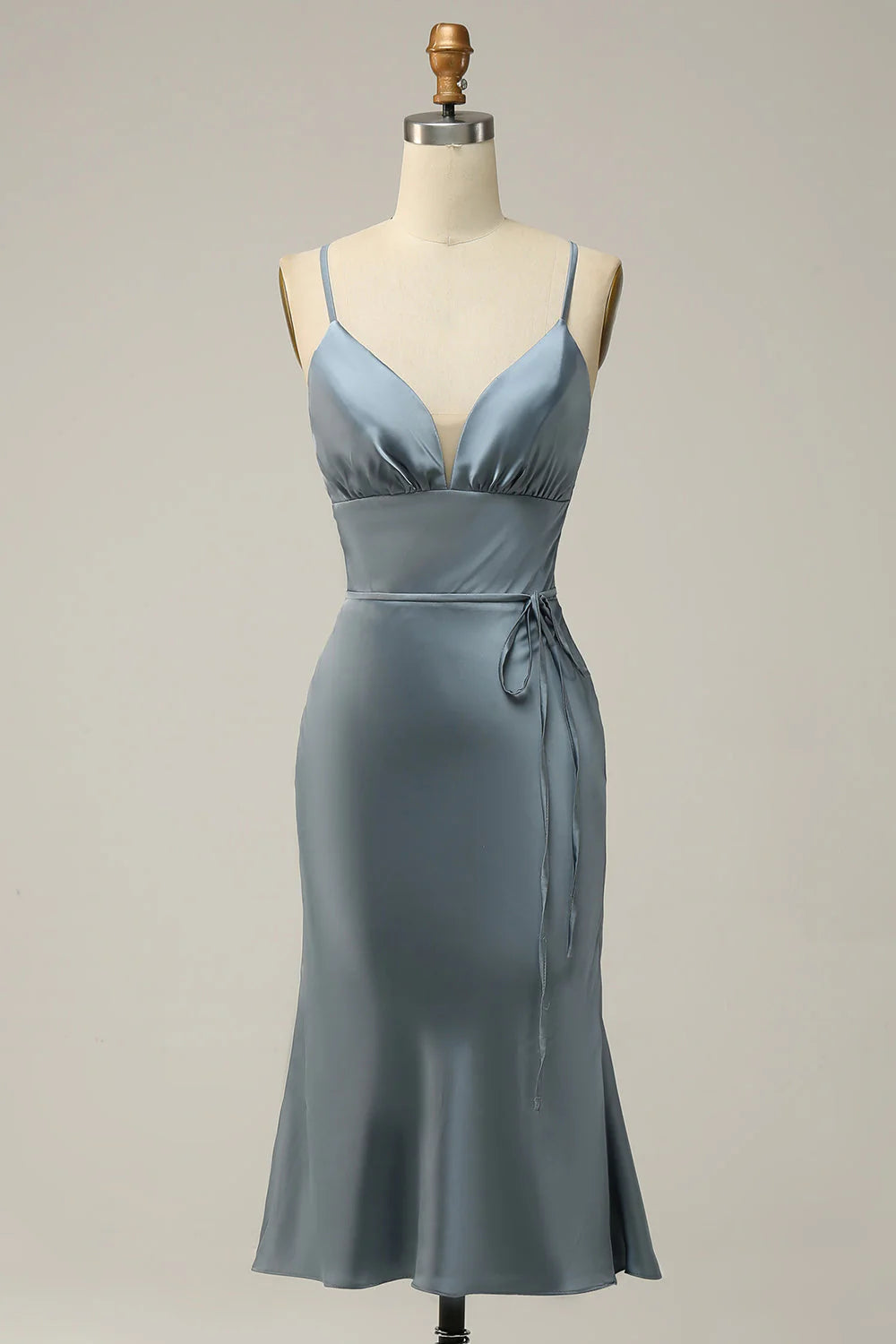 Spaghetti Straps Satin Grey Blue Prom Dress