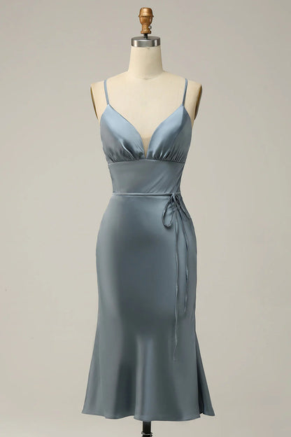 Spaghetti Straps Satin Grey Blue Prom Dress