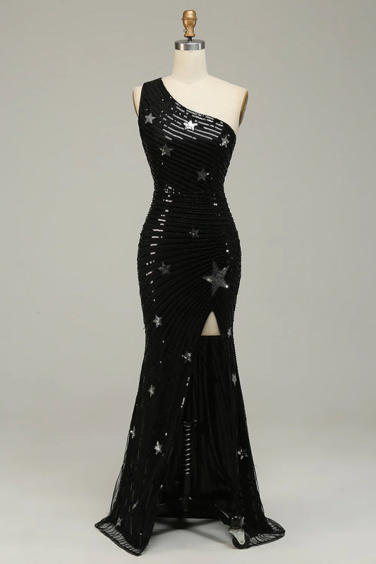 Mermaid One Shoulder Black Sequins Long Prom Dress With Star