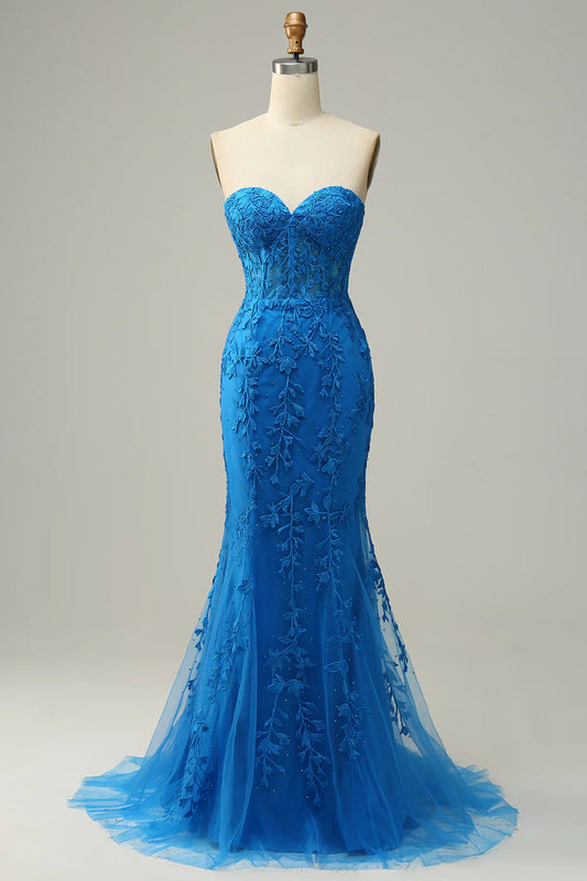 Mermaid Royal Blue Sweetheart Corset Back Prom Dress With Appliques