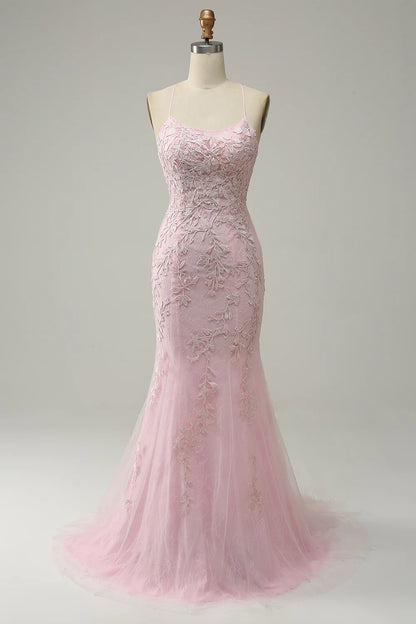 Light Pink Spaghetti Straps Appliques Mermaid Long Prom Dress