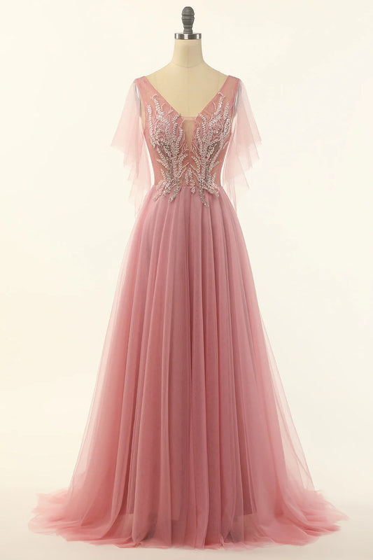 Blush Beading Tulle A-Line Prom Dress